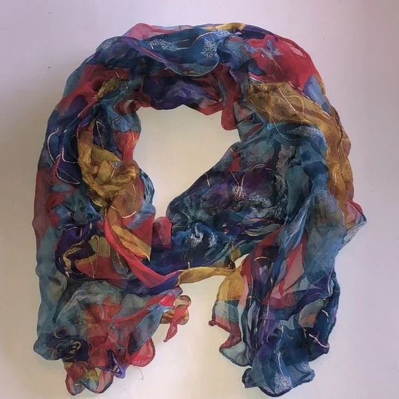 Vintage Multicolor Lightweight Sheer Scarf - Blue, Red & Gold - Picture 1 of 7